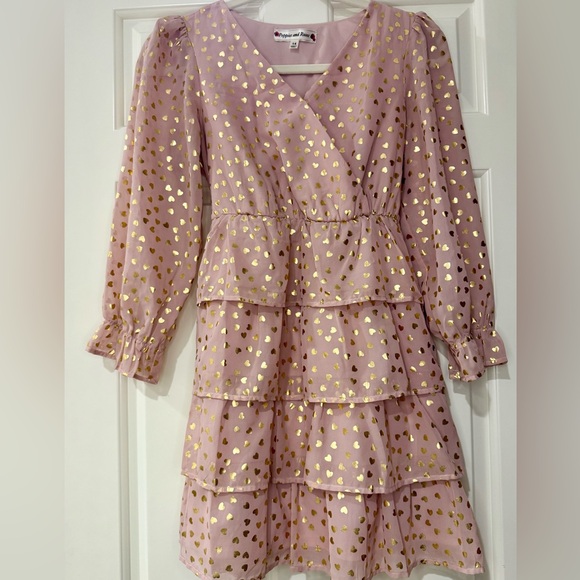 Poppies and Roses pink & 💛 tiered mini dress with sheer long sleeves size 14. - Picture 2 of 4